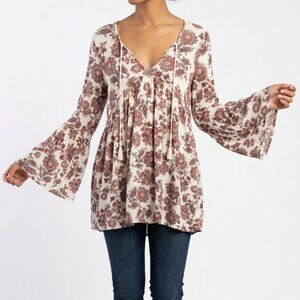 Luxe Size Medium White Rust Floral Paisley Boho Bell Sleeve Long Sleeve Top